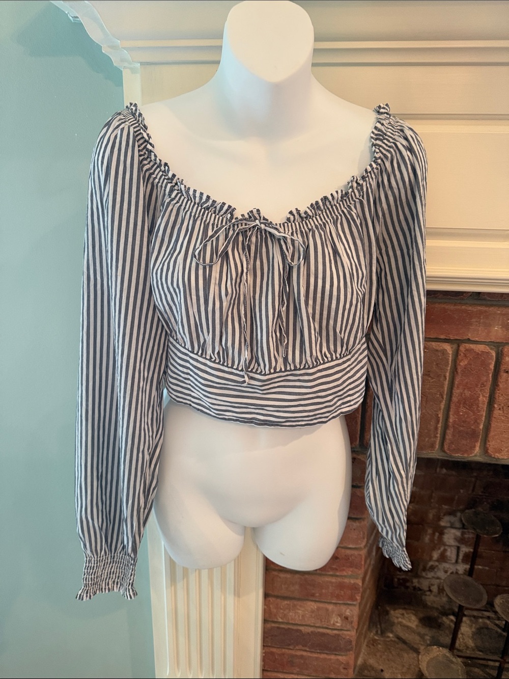 Aerie Blue and White Striped Off-Shoulder Cropped Top